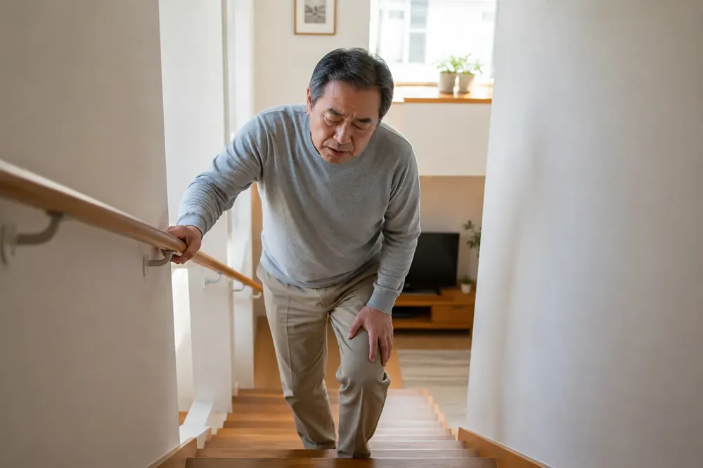 手すりを持って階段を降りる様子